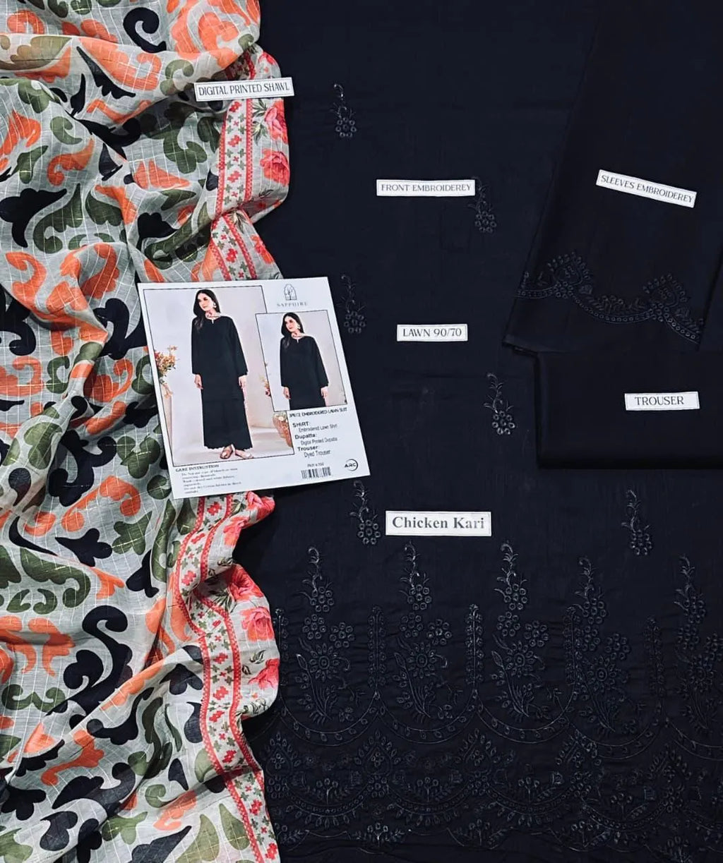 3 Pcs Women's Unstitched Chikankari Embroidered Suit