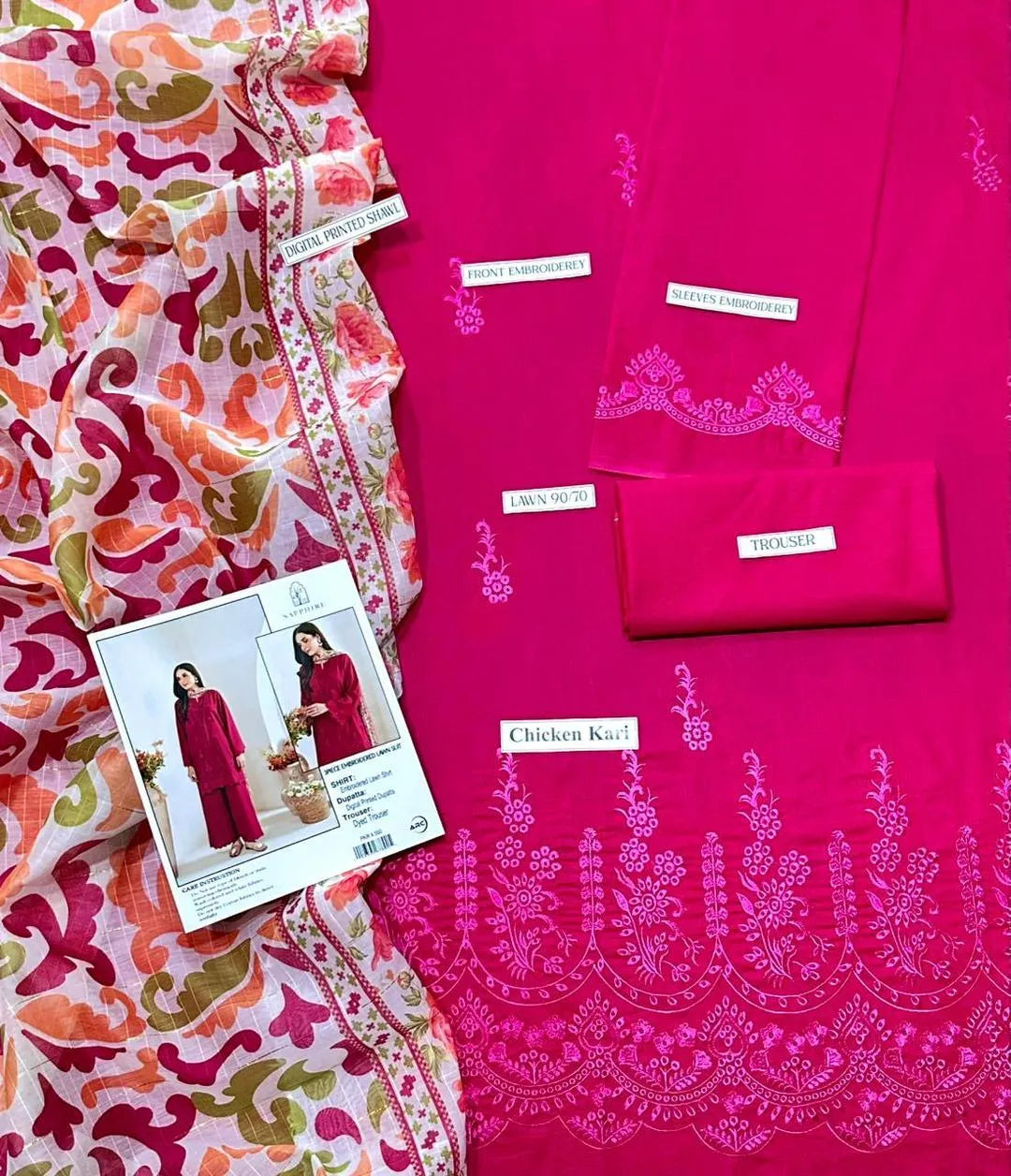 3 Pcs Women's Unstitched Chikankari Embroidered Suit