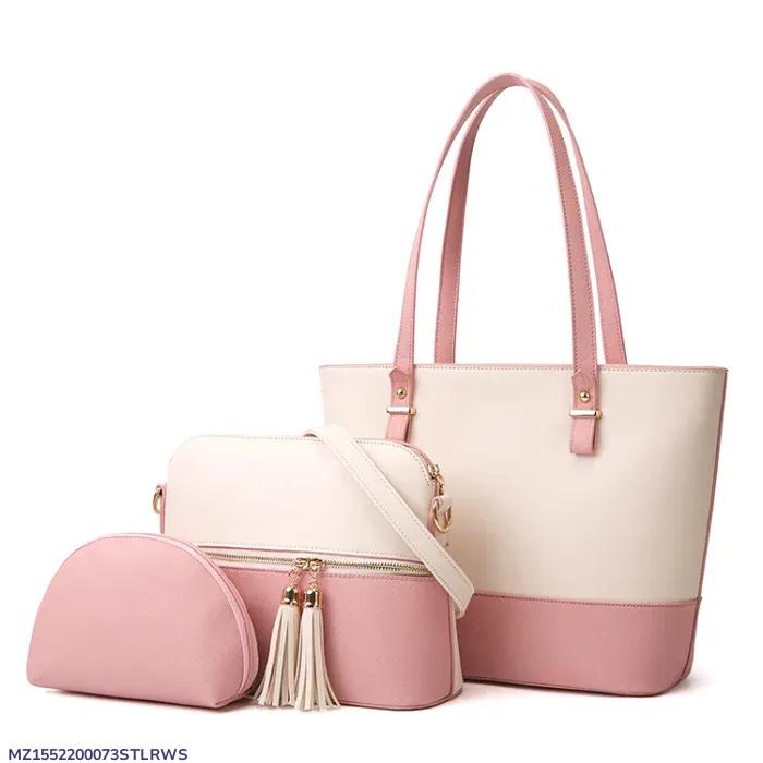 Stylish Women's PU Leather Hand Bag Set - 3 Pcs in White &amp; Pink