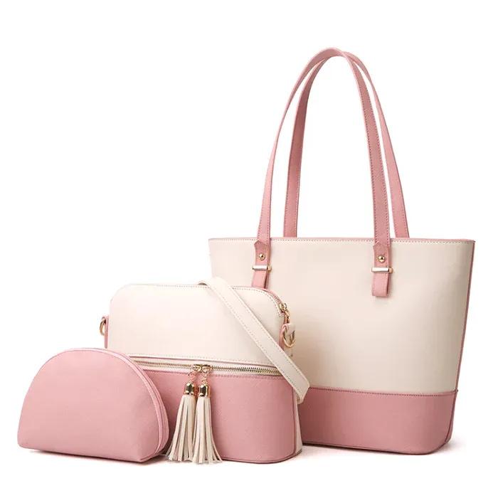 Stylish Women's PU Leather Hand Bag Set - 3 Pcs in White &amp; Pink