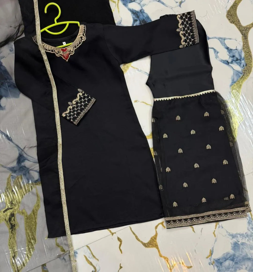 3 Pcs Girl's Shamoz Silk Embroidered Kurta And Shalwar Suit