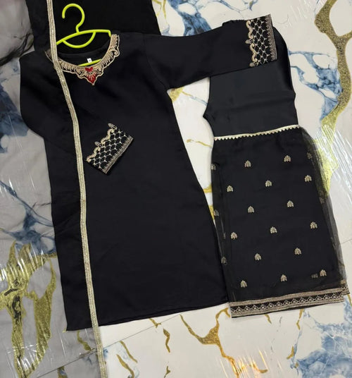 3 Pcs Girl's Shamoz Silk Embroidered Kurta And Shalwar Suit