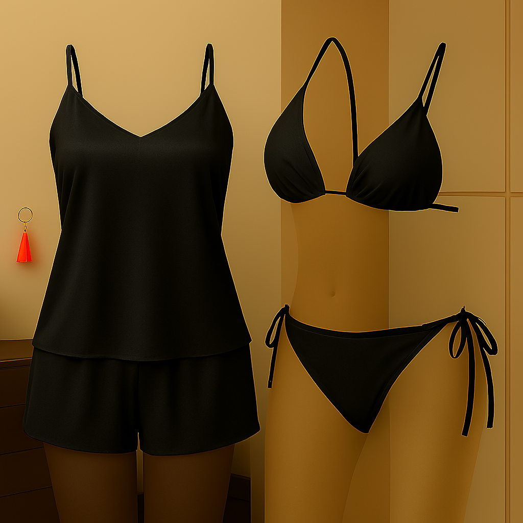 Premium Satin Sleepwear & Lingerie Combo for Women | Camisole, Shorts & Halter Bikini | Free Size