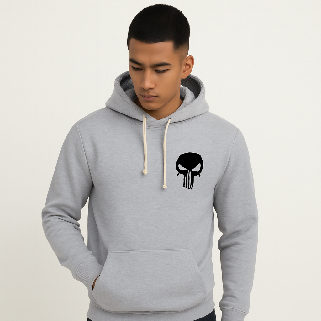 Printed Grey Hoodie for Teens & Adults – Black Skull Graphic, Premium Fabric