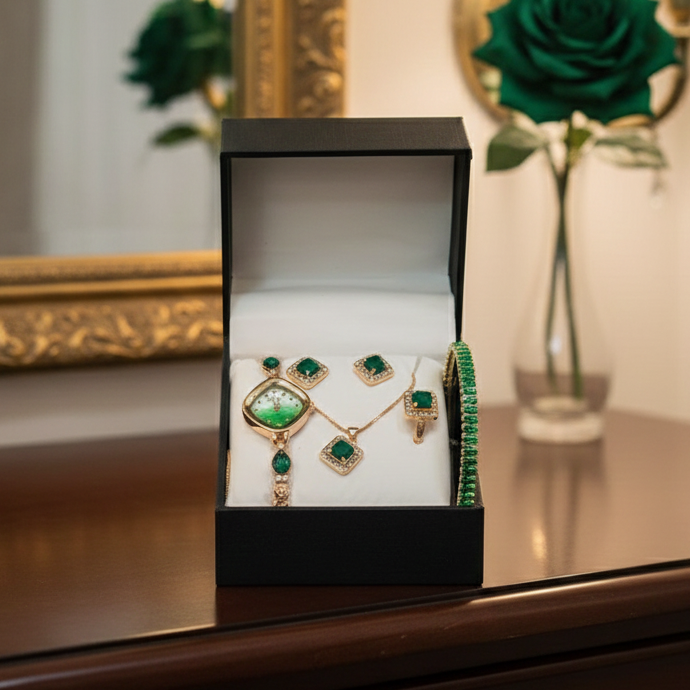 Chic Womens Digital Display Watch With Emerald Green Jewellery Stainless Steel Premium Quality For Daily Wear And Special Occasions