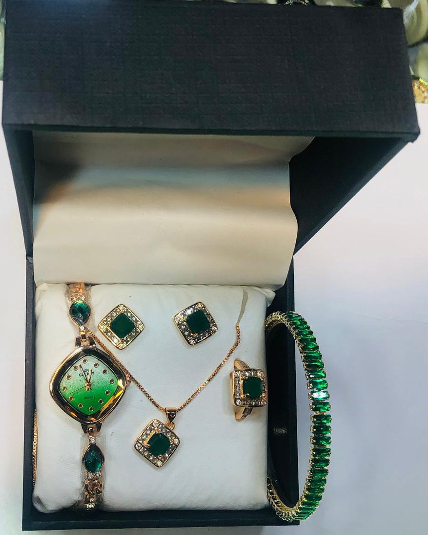 Chic Womens Digital Display Watch With Emerald Green Jewellery Stainless Steel Premium Quality For Daily Wear And Special Occasions