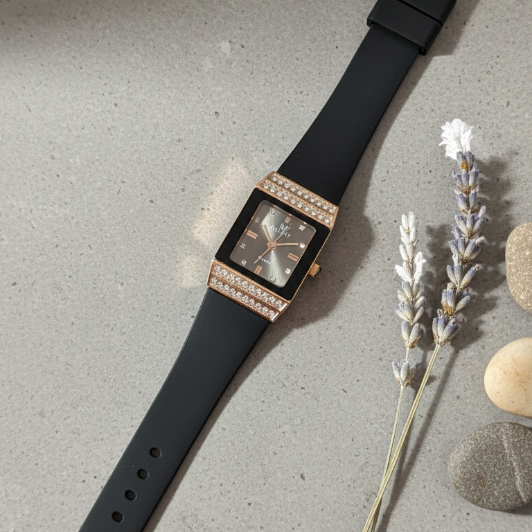 Midnight Elegance – Rectangular Rose Gold & Crystal Statement Watch
