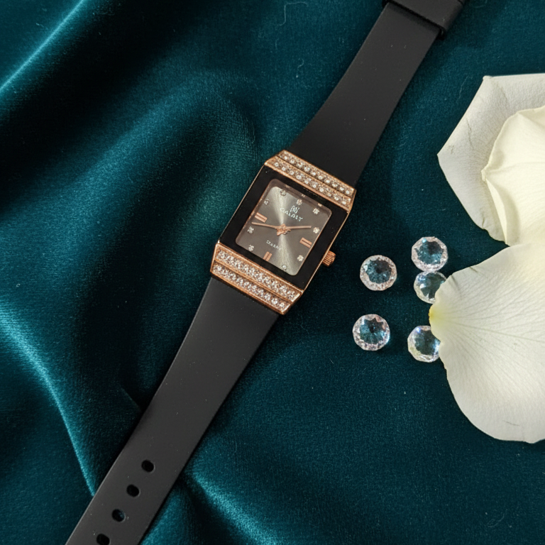 Midnight Elegance – Rectangular Rose Gold & Crystal Statement Watch