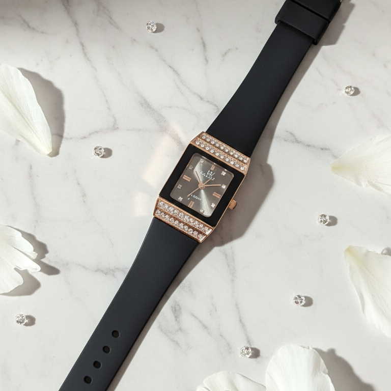 Midnight Elegance – Rectangular Rose Gold & Crystal Statement Watch