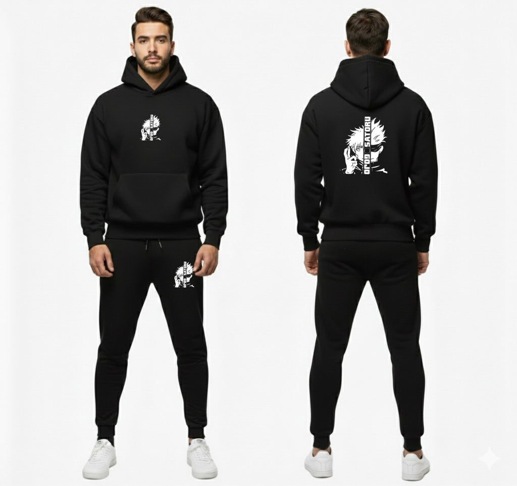 Urban Streetwear Tracksuit – Men’s Heavyweight Black Graphic Hoodie and Slim-Fit