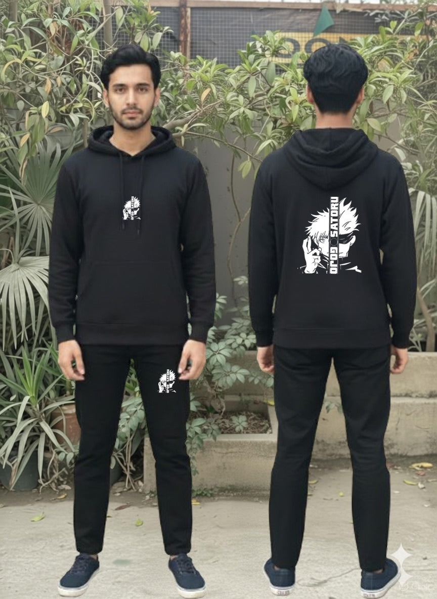 Urban Streetwear Tracksuit – Men’s Heavyweight Black Graphic Hoodie and Slim-Fit