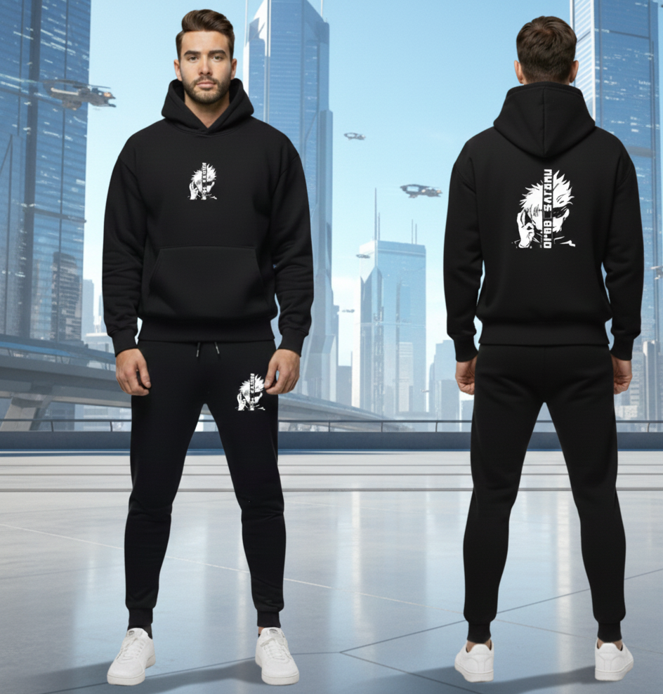 Urban Streetwear Tracksuit – Men’s Heavyweight Black Graphic Hoodie and Slim-Fit