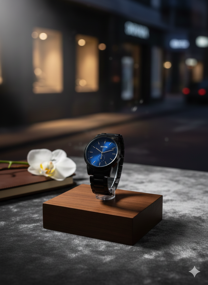 BESTWIN Minimalist Matte Black Link Bracelet Watch - Premium Sunray Blue & Cream Dials - Precision Quartz Movement for Modern Professionals