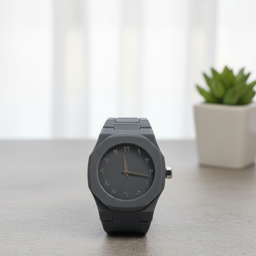 Elegant Minimalist Watch with Eastern Arabic Numerals & Integrated Octagonal Bezel Case - Modern Architectural Style Unisex Timepiece