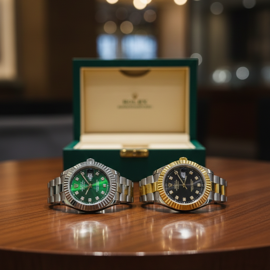 Luxury Rolex Timepieces: The Epitome of Horological Excellence and Iconic Design ( silver with green dial ) ( golden with black dial )