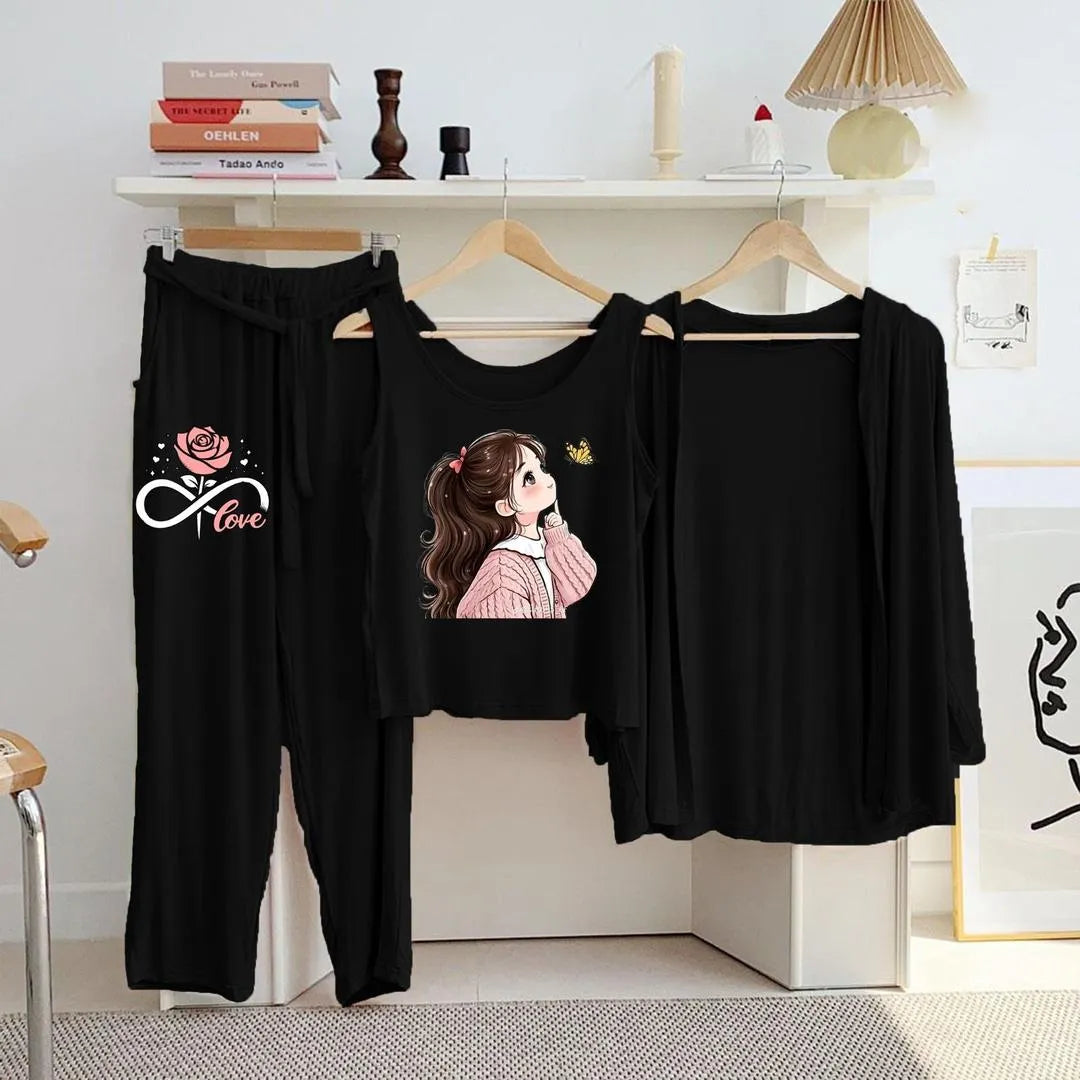 3 Pcs Women's Stitched Jersey Printed Night Suit