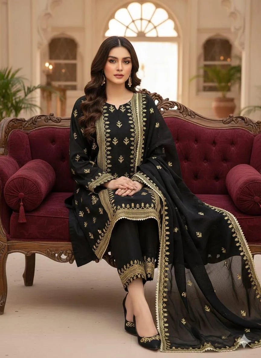 3 Pcs Women's Unstitched Embroidered Suit