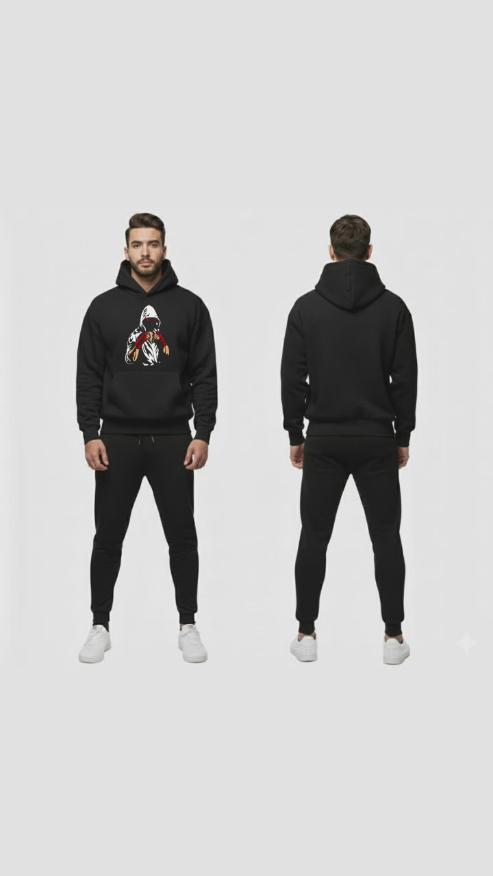 Urban Streetwear Tracksuit – Men’s Heavyweight Black Graphic Hoodie and Slim-Fit