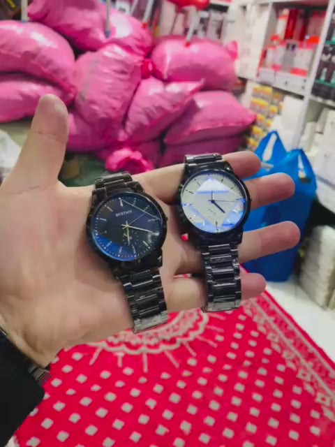 BESTWIN Minimalist Matte Black Link Bracelet Watch - Premium Sunray Blue & Cream Dials - Precision Quartz Movement for Modern Professionals