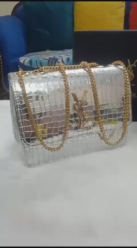 Premium Croc-Embossed Vegan Leather Crossbody Bag with Elegant Gold-Tone Chain Strap and Iconic Signature Hardware