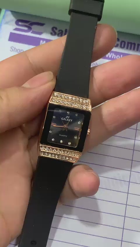 Midnight Elegance – Rectangular Rose Gold & Crystal Statement Watch